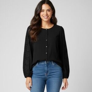 danielrainn Women's L Black Embroidered Sleeve Button Front Top Boho Romantic